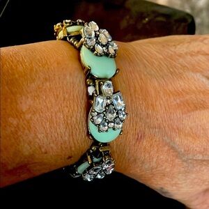 Vintage glass mint cabs clear crystals brass stretch Bracelet